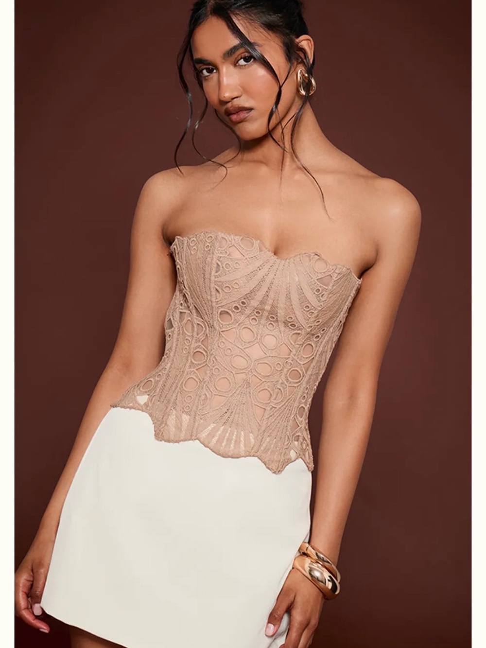 PrettyLittleThing Nude Lace Strapless Corset Top